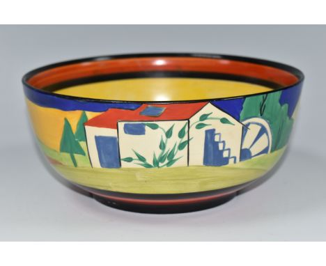 A CLARICE CLIFF 'APPLIQUE LUGANO' BOWL, painted with stylised buildings and landscape, with yellow and orange banded interior