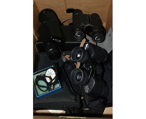 ONE BOX OF BINOCULARS, to include a pair of vintage Carl Zeiss Dialyt 8x30 B binoculars - 798836, an MN2 7x50 monocular made 