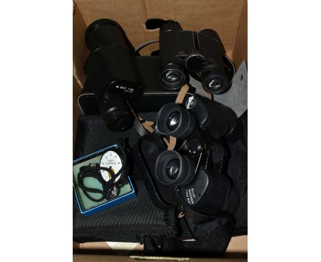 ONE BOX OF BINOCULARS, to include a pair of vintage Carl Zeiss Dialyt 8x30 B binoculars - 798836, an MN2 7x50 monocular made 