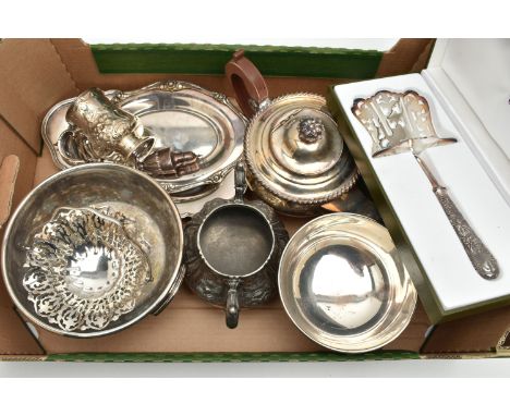 A BOX OF ASSORTED WHITE METAL WARE, to include a cased 'Christofle' silver plated server with grape vine detail to the handle