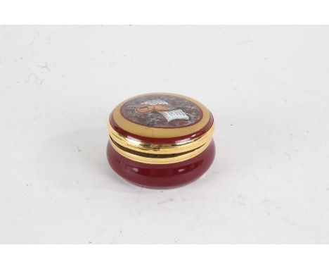 Crummles enamel musical box, playing 'Such sweet compulsion doth in music lie', the lid decorated with a violin, 6cm diameter