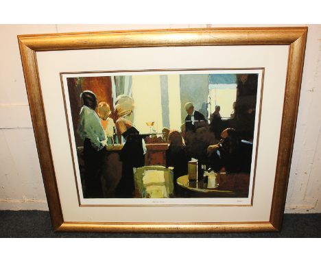 David Farrant (20th/21st century), bar scene with figure carrying drinks, 'Cafe du Monde', limited edition colour print 92/19