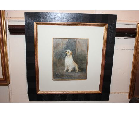 After E Meyer (20th century) Golden Retriever seated beside a fishing rod, colour print, 18cm by 14.5cm