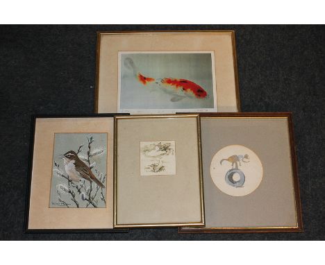 Three watercolour studies of wildlife, including J Mian Squilch, goose, signed in pencil, 8cm by 8cm, together with an Ann Ve