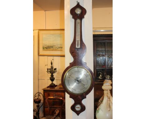 A 19th century walnut banjo barometer with silverised dials, 105cm
