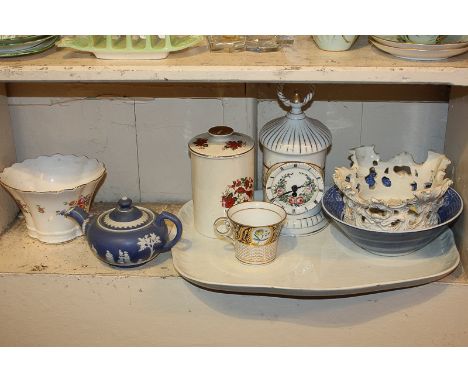 A Continental porcelain mantel clock (a/f), a Minton Marlow pattern vase, Crown Derby pot and cover, together with a Japanese