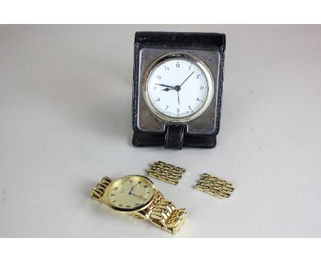 A modern 925 silver mounted travel clock, in black leather case, and a gentleman's Rotary gilt metal wristwatch