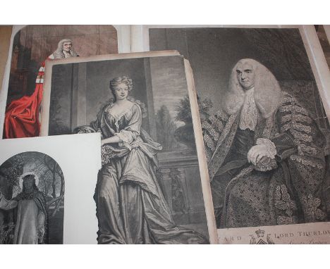 After Kneller, portrait of Her Grace the Duchess (sic) of Bolton, print laid on board, other printed portraits including Edwa