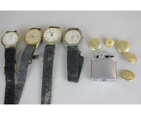 A Ronson cigarette lighter, four regimental buttons, and four various quartz wristwatches by Ingersoll, Lucerne etc