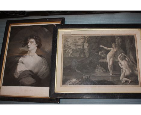 After Annibale Caracci, Diana and Acateon, classical scene of nudes in a garden, engraving by P Fontana, 26cm by 36cm, and an