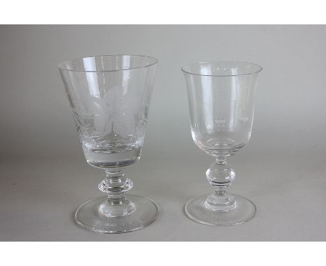 Two cut glass rummers, one with etched grape and vine design, the other with The Scales of Justice;  inscribed Hazel Treadgol