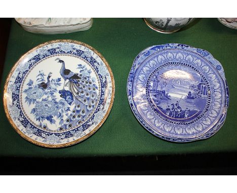 Four blue and white ceramic serving plates in various designs by Spode and similar, together with an Adams collector's plate 