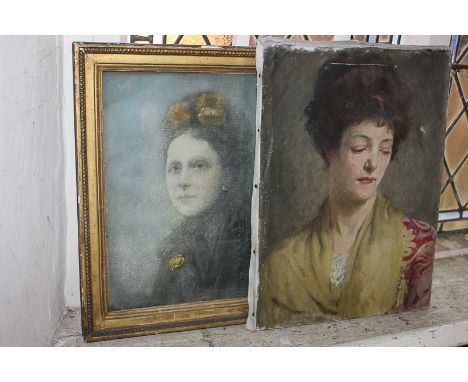 Victorian school, portrait of a lady in black dress, head and shoulders, 34cm by 28cm, and another unframed oil, portrait of 