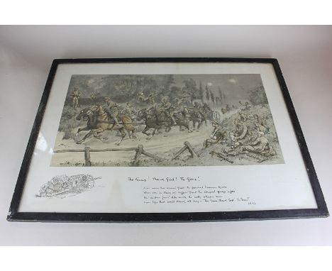 After Snaffles (early 20th century)  First World War scene with soldiers on horseback, 'The Guns! Thank God! The Guns!', colo