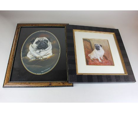 After E Meyer (20th century), pug seated on red chair, colour print, 18cm by 16cm, together with another print, after Pollyan