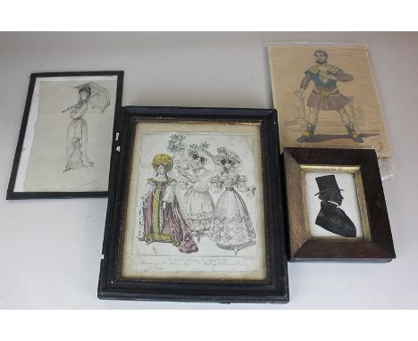 A Victorian silhouette portrait profile of a gentleman in top hat, with gilt highlights, a sketch of a lady holding a parasol