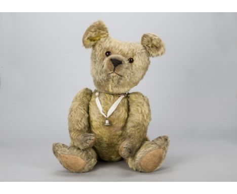 A large early British teddy bear 1920s,  probably Chad Valley, orange and black glass eyes, pronounced upturned muzzle, black