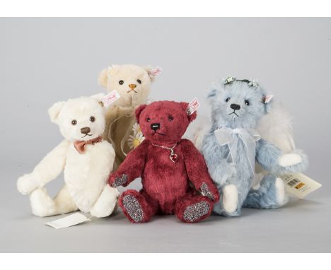 Four Steiff limited edition teddy bears,  Bertie, The First Steiff Real Silk Bear, 256 for 2010; Ruby Teddy Bear, 642 of 2000