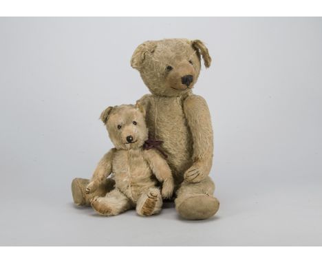 A 1930s British teddy bear,  with blonde mohair, pronounced clipped muzzle, black stitched nose, mouth and claws, swivel head