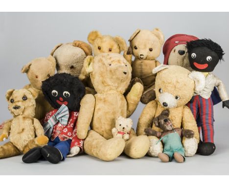 A quantity of post-war teddy bears,  two eastern European (one loose leg), five British bears, two Golliwogs and a homemade P