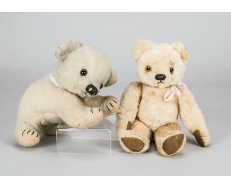 Two Chad Valley bears, a teddy bear with blonde synthetic plush, orange and black glass eyes, black stitched nose and mouth, 