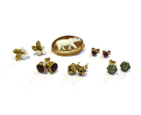 9CT GOLD GEM SET EARRINGS AND CAMEO to include emerald &amp; diamond clusters, triple pearl studs, amethyst studs, ruby caboc