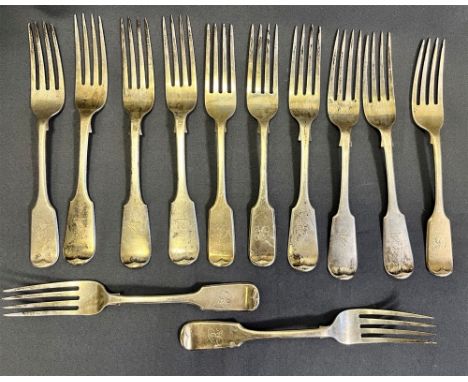 VICTORIAN STERLING SILVER TABLE FORKS twelve fiddle pattern, six hallmarked Edinburgh 1858, makers mark J Hamilton &amp; Sons