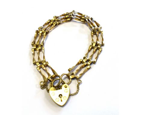 9CT GOLD GATE BRACELET 18cm long x 9.4mm wide, 3 bar gate bracelet with heart shaped padlock clasp, hallmarked 375 London 197