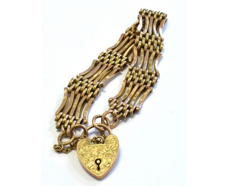 ANTIQUE 9CT ROSE GOLD GATE BRACELET 18cm long x 14.3mm wide, five bar gate link some with engraved textured decoration, secur