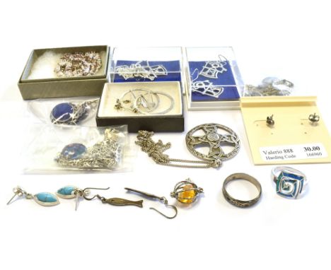 A QUANTITY OF SILVER JEWELLERY including Taigakoru Finnish pendant and earrings, Nordic axe pendant and earrings, Celtic moti