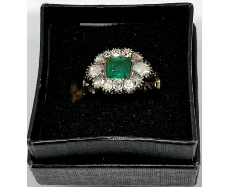 GEORGIAN EMERALD &amp; DIAMOND RING 11.7mm wide head, set with a square cut emerald, approx 5.3 x 5.5mm, surrounded by rose a