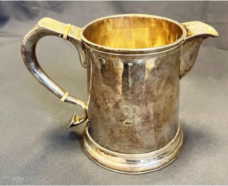 EARLY 17TH CENTURY SILVER JUG standing 12.5cm tall, monogrammed with the initial 'R', possibly by Benjamin Blakely.  Weight 5