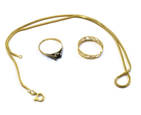 18CT GOLD JEWELLERY ITEMS to include a 40cm long x 1.2mm wide fox tail link chain, a platinum and 18ct gold ring (stones miss