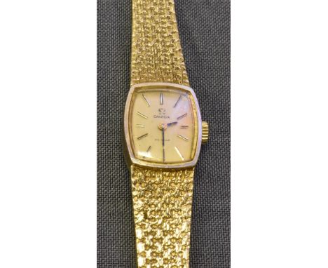 LADIES 9CT GOLD OMEGA DE VILLE WATCH 14.8mm wide rectangular case with linen textured, mesh link bracelet and monogrammed, fo