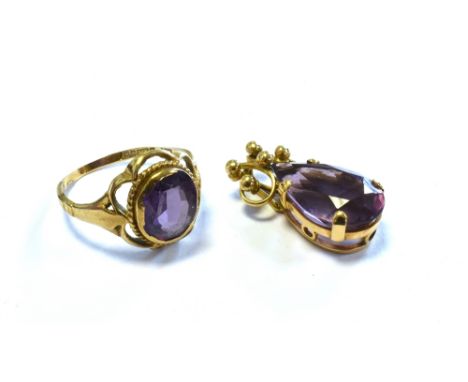 9CT GOLD AMETHYST PENDANT &amp; RING set with an oval synthetic sapphire imitating Alexandrite, hallmarked 375 Birmingham and