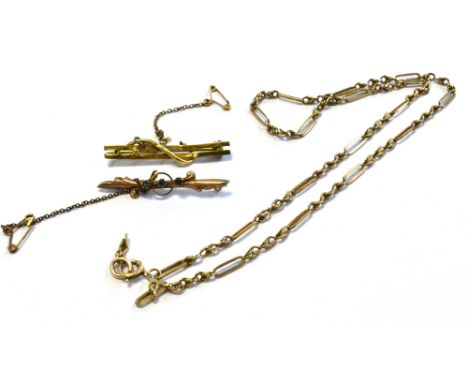 ANTIQUE GOLD CHAIN &amp; BAR BROOCHES both stamped 9ct, one set with small blue paste stones, together with a 40cm long x 3.1