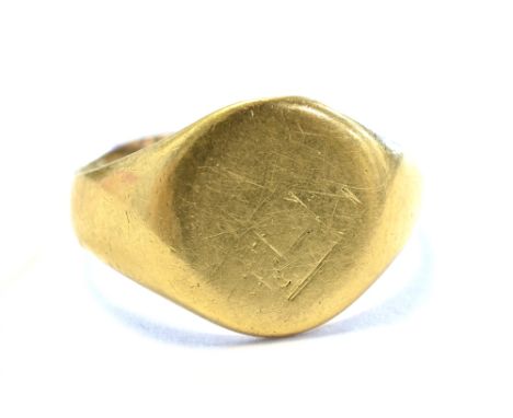 ANTIQUE 18CT GOLD SIGNET RING 13.3mm head, hallmarked 18 Birmingham, cut to back of shank.  Weight 7.4 grams.