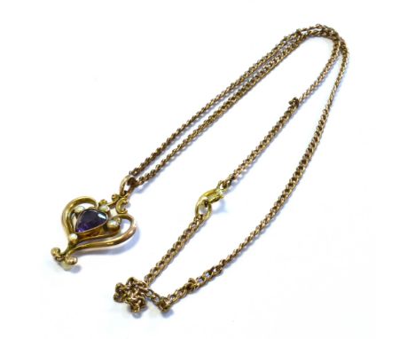 ART NOUVEAU AMETHYST &amp; PEARL PENDANT 2.1cm wide, with collet set pear shaped amethyst with four half pearl satellites and