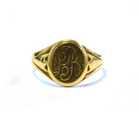 18CT GOLD ANTIQUE SIGNET RING oval head, monogrammed 'LB', ring size R, (shank cut) hallmarked 18 Birmingham 1870.  Weight 5.