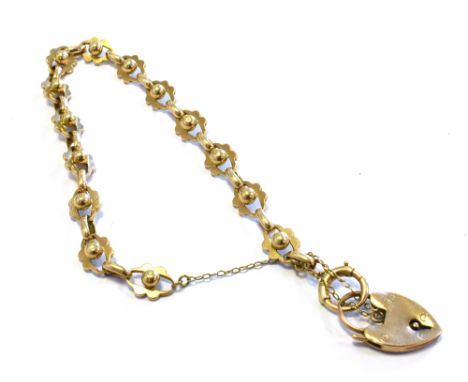 ANTIQUE 9CT GOLD BRACELET 20cm long x 8.1mm wide, fancy link chain, with heart shaped padlock (stamped 9ct) and bolt ring cla