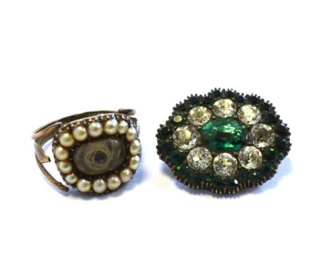 GEORGIAN MOURNING RING &amp; PASTE BROOCH 14.2mm wide head, set with half pearls surrounding a crystal dome encasing a lock o