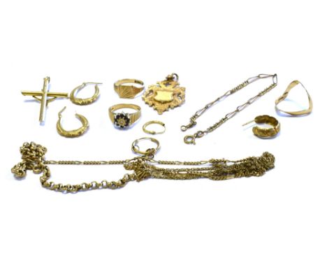 VARIOUS 9CT GOLD JEWELLERY ITEMS to include belcher, cable link chains, hoops earrings, a sapphire and diamond set floral clu
