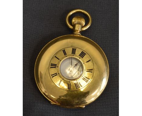 18CT GOLD HALF HUNTER POCKET WATCH 45.3mm diameter, with blue enamelled Romans to chapter ring on outer front cover, Swiss ha