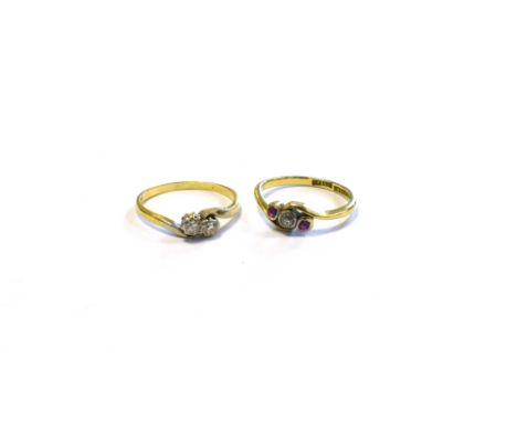 VINTAGE 18CT GOLD AND GEM SET RINGS one platinum set with an old European cut diamond flanked by rubies and one set with two 