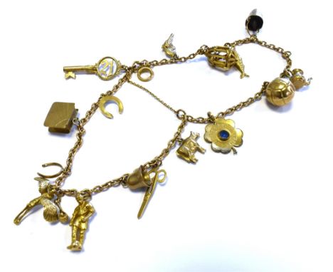 9CT GOLD CHARM BRACELET 18cm long, double cable link chain with bolt ring clasp and numerous 9ct gold charms attached.  Weigh