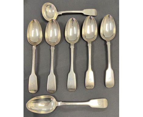 GEORGIAN SILVER SERVING SPOONS &amp; LADLE six fiddle pattern spoons with monogrammed terminals and a matching sauce ladle, h