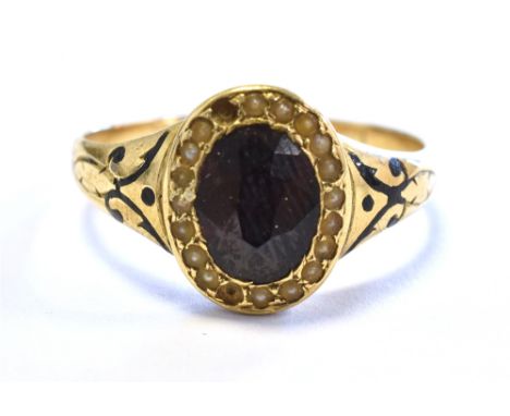 ANTIQUE 18CT GARNET &amp; PEARL RING bezel set oval garnet within a frame of half pearls (two missing) with enamel decoration