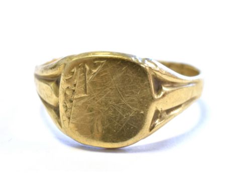 9CT GOLD SIGNET RING 11.8mm wide head, ring size V, hallmarked 9.375 Birmingham 1994.  Weight 3.4 grams