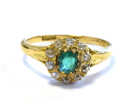 EDWARDIAN EMERALD &amp; OLD CUT DIAMOND RING 9.2mm long, grain and claw set cluster, set with a cushion shaped emerald, appro
