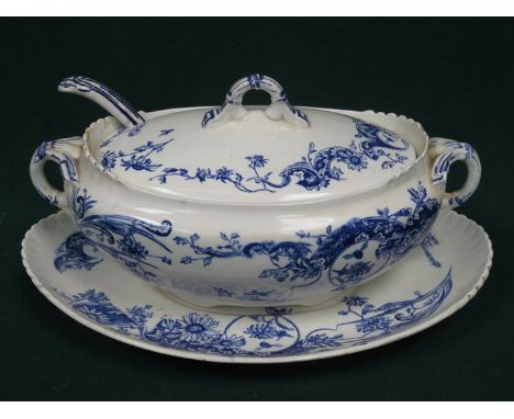 VICTORIAN BLUE AND WHITE SOUP TUREEN WITH COVER AND LADLE, STAMPED FANTASIA 